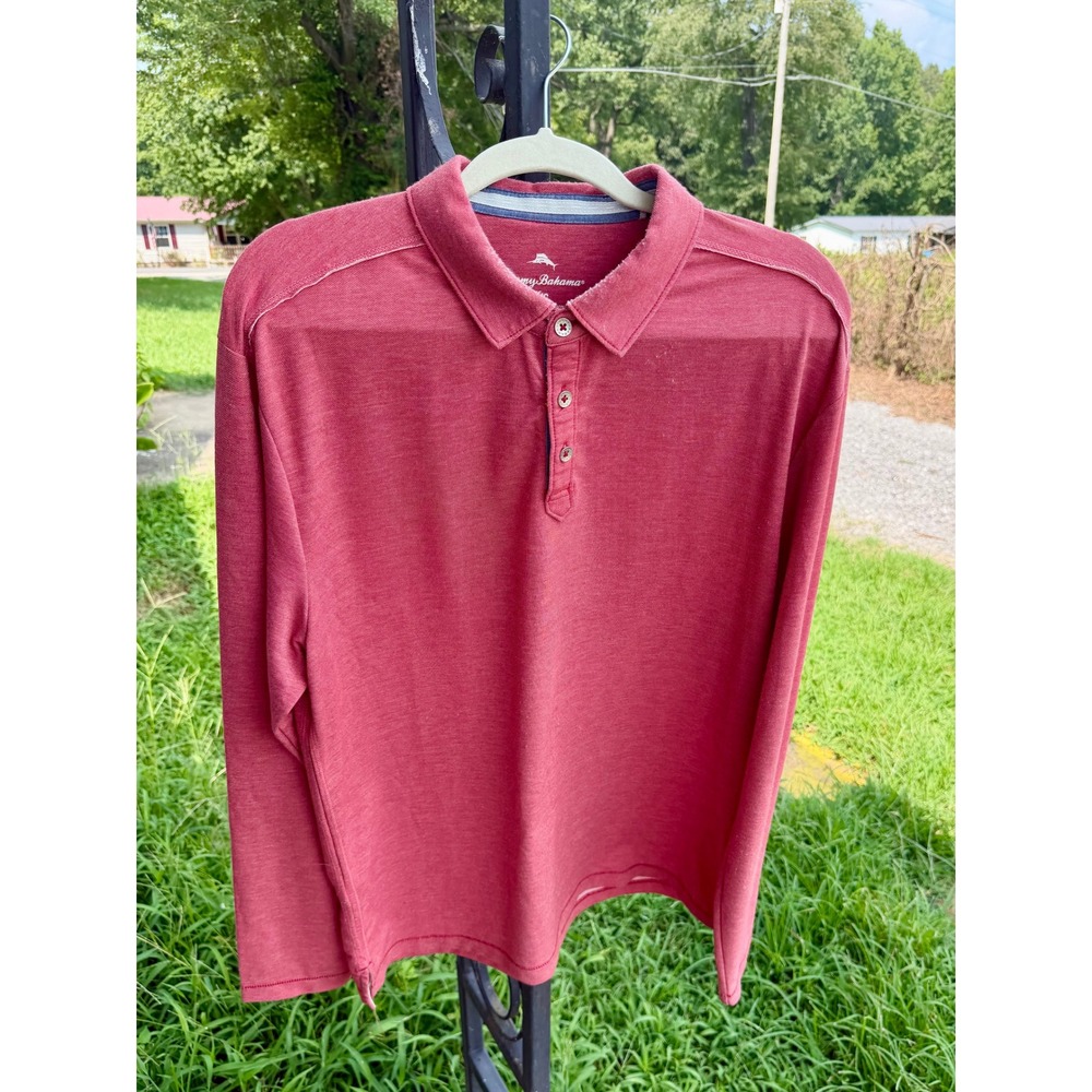 Tommy Bahama Mens Long Sleeve Polo Shirt Red Coral Heathered Large L Coastal